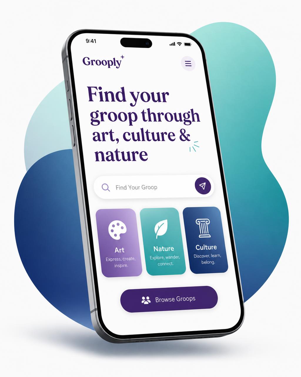 Grooply Go app mockup showing the find-your-groop landing screen